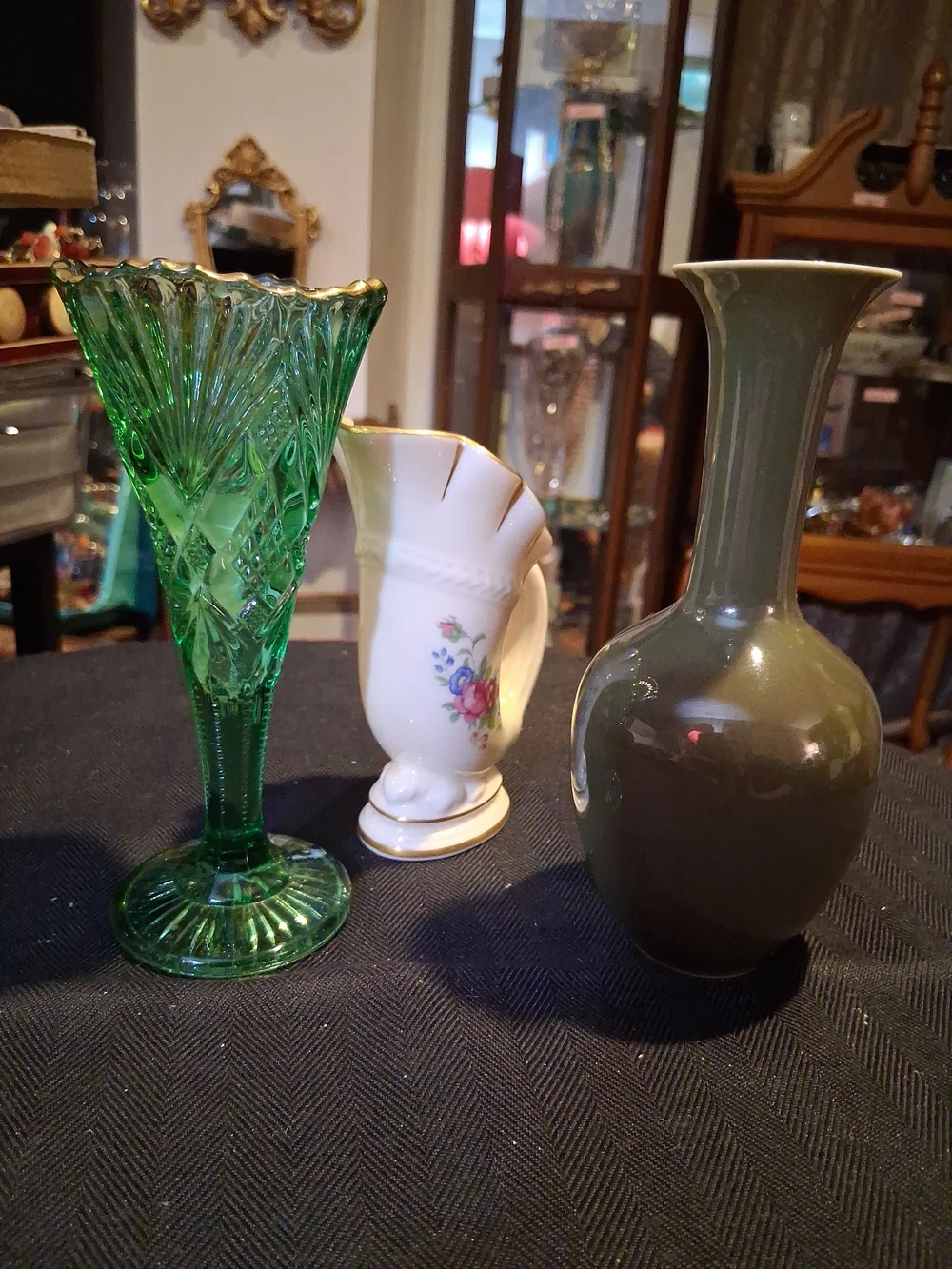 Lenox Olive Green Ceramic Bud Vase and Emerald Pressed Glass Vase
